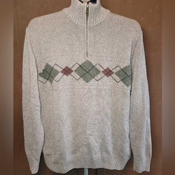 Men's Geoffrey Beene Quarter Zip Pullover Sweater Taupe Gray W Green Argyle Sz L - Picture 1 of 4